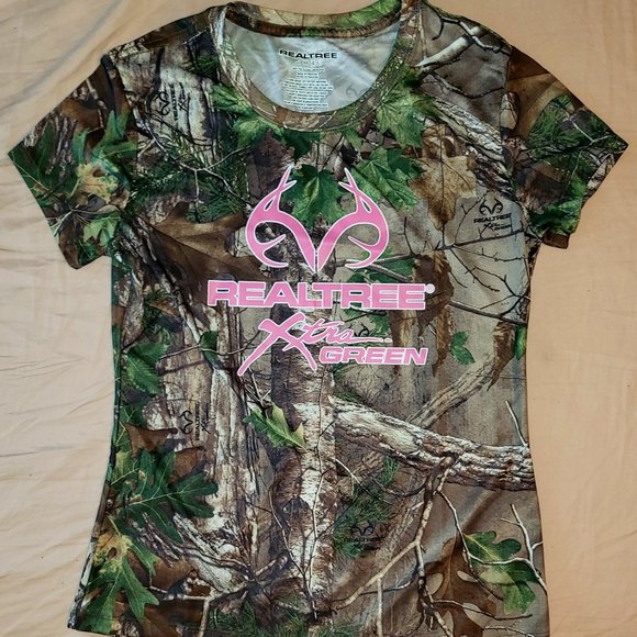 Realtree Xtra Green T-shirt Short Sleeve Camo Pink Horns Logo Ladies Size Small - Picture 1 of 5